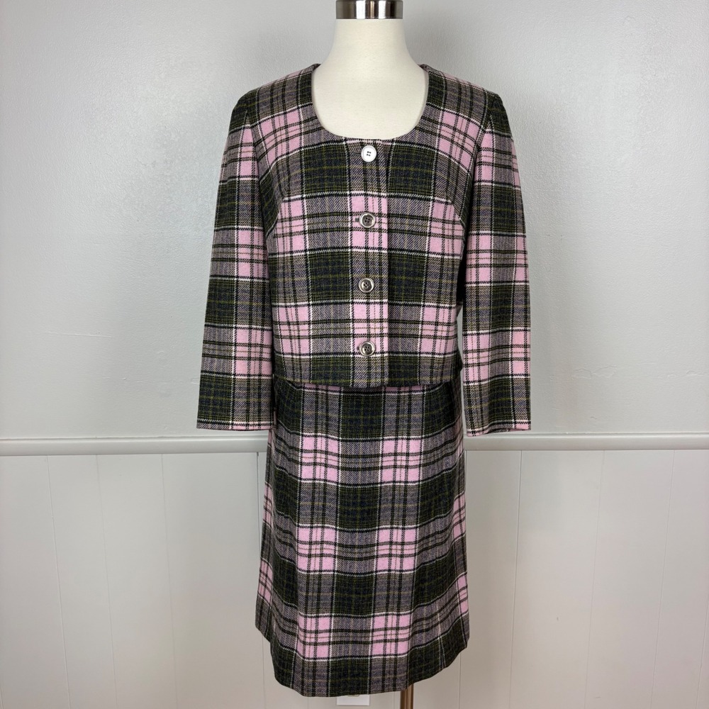 Pendleton Vintage Wool Skirt Suit Pink Plaid Skirt Sz 7/8 Cropped Jacket Sz 9/10